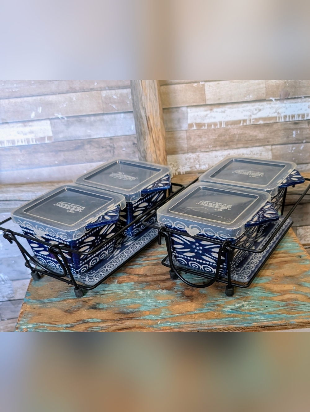 Temptations Two 2 Black Wire Baskets W Navy Design Containers W Lids
